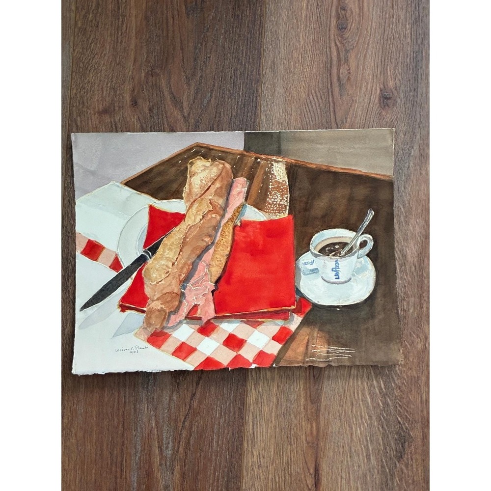 Paris Cafe Still Life Baguette 11x15 Warren C Plauche Original Watercolor